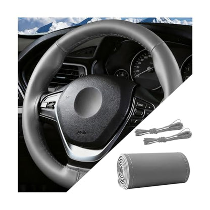 Genuine Leather Car Steering Wheel Cover, DIY Sewing Stitch on Wrap Auto Wheel Cover with Needle Thread, Breathable Anti-Slip Vehicle Steering Stitching Protector, Universal Fit (Gray/Glossy) - color: Gray/Glossy