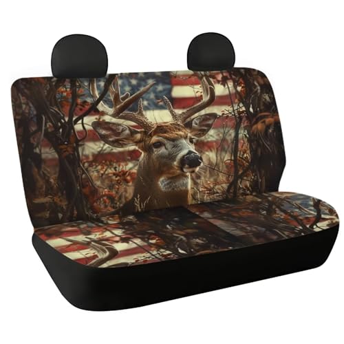 WELLFLYHOM Hunting Deer Car Seat Covers for Women Men Rear Bench Seat Cover American Flag Car Accessories Universal Saddle Blanket Seats Protective Cover Fit Trucks SUV Van, 2 Pcs Set - color: 00 Hunting Deer American Flag