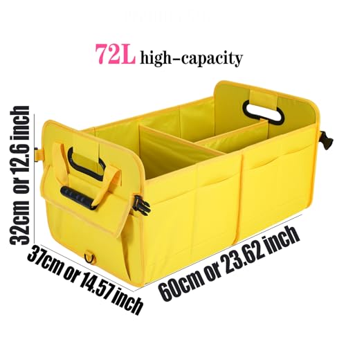 Car Suv Trunk Organizer,Sturdy Storage Organizer for Car Accessories,Tools,Sundries.Upgraded 4 Carrying Handles,72L,Foldable,Waterproof,Multi Compartment,2 Straps for Fixation (Yellow B)