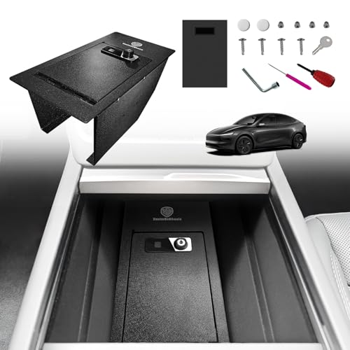 VaultsOnWheels for 2026+ Tesla New Model Y Juniper Center Console Safe Gun Safe Vault Hidden Console Storage LockBox Anti-Theft Pry-Proof HighSecurity Biometric Fingerprint Lock(Not fit Standard Trim) - size: Model Y Juniper|26+|Center Console Vault