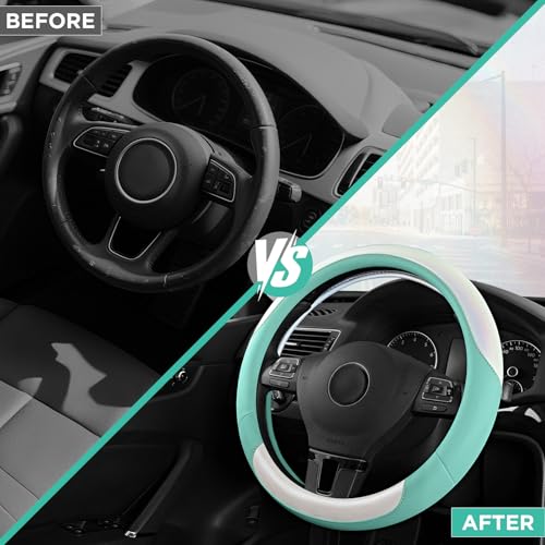 Road Comforts Steering Wheel Cover – Breathable Leather Steering Wheel Cover, Anti-Slip Grip, Universal Fit 14.5” to 15”, Heat & Cold Resistant for Cars, SUVs, and Trucks –Shining White & Mint - color: White&Mint