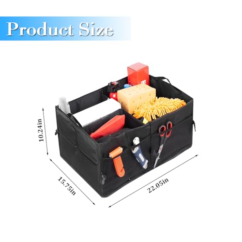 Car Trunk Organizer, Collapsible Multi-Compartment Large Capacity Vehicle Storage Container, Foldable Adjustable Automotive Interior Organization Box, Universal Fit (Black)