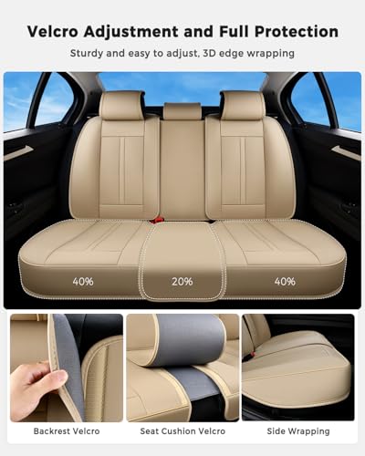 Huidasource Beige Back Seat Cover Luxury Nappa Leather, Rear Seat Cover with Velcro Adjustable, Ventilation Holes, Seat Belts, Child Seats, Car Back Seat Covers Fit for Most Cars SUV Trucks, Beige - color: R# Beige, size: Rear
