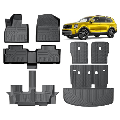 KUST Floor Mats Set for 2020-2025 Kia Telluride Accessories (7 Seats), Rear Cargo Trunk Liner with 2nd/3rd Row Backrest Kick Mat All Weather Protection TPE Rubber Raised Edge, Full Set of 9pcs - style: For │ Telluride 7 Seats 2020-2025 │ Full Set