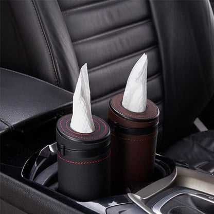 2 Pcs Car Tissue Holder, Multi-Purpose Round PU Leather Paper Tube with Window Breaker for Travel Facial Tissues Organizer, Car, Home, Bathroom, Office Use(Black&Brown)