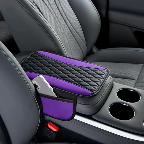 Patchwork Leather Car Center Console Cover,Microfiber Leather Vehicle Armrest Protector Cushion with 2 Storage Bags,Universal Cars Armrest Cushion for SUV, Sedan, Truck (Purple)