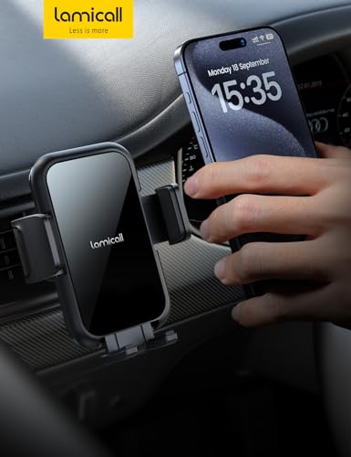 Lamicall 2026 Wider Clamp & Metal Hook Car Phone Holder Vent [Thick Cases Friendly] Phone Holders for Your Car Mount Automobile Hands Free Cradle Air Vent for iPhone 17 16 15 Pro Max Lucite Black