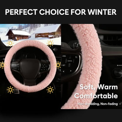 Fuzzy Warm Steering Wheel Cover for Winter, Soft Fleece Steering Wheel Cover for Women Men with Upgraded Silicone Inner Ring and Plush, Anti-Slip, Odorless Car Interior, Universal 14.5-15 Inch (Pink)