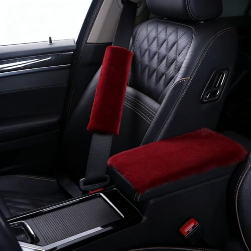 1 Set 6 Pcs Fluffy Car Steering Wheel Cover & Seat Belt Shoulder Pads & Handbrake Cover & Gear Shift Cover Set & Seat Belt Shoulder Pads Faux Wool Universal Fit Car Interior Accessories (Wine Red) - color: Wine Red