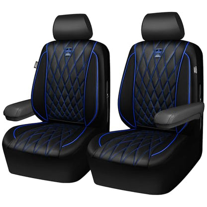CAR PASS Piping Luxury PU Leather Two Front Car Seat Covers,Waterproof Anti- Slip Seat Covers Compatible with Front Seat Armrests,Universal Fit for Suvs,Vans,Trucks,Airbag Compatible(Black and Blue) - color: Black and Blue, size: Two Front