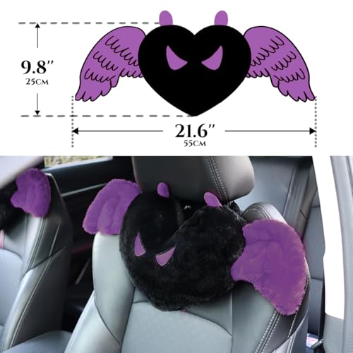 Sexysamba 2 Pcs Heart Shaped Car Headrest Pillow Devil & Angel Wings Neck Pillow Cute Car Seat Decor Neck Support Cushions for Travel Sleeping, Driving, Home, Office, Purple Devil