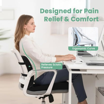 Seat Cushion and Lumbar Support Pillow for Office Chair, Wheelchair, Memory Foam Coccyx Cushion for Sciatica Tailbone Pain Relief, Back Support for Car Chairs, Desk Chair