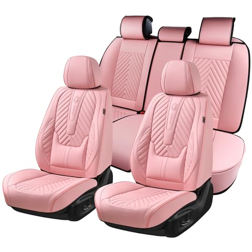 Coverado Seat Covers Full Set, Luxury Leather Pink Car Seat Covers for Car with Lumbar Support, Automotive Seat Covers Waterproof Car Seat Protector Universal Fit for Most Cars SUV Truck - color: Pink, size: Fullset