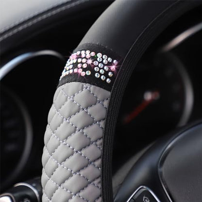 Osilly Bling Car Steering Wheel Cover, 15 Inch Rhinestones Soft Leather Elastic Steering Wheel Protector, Sparkly Crystal Diamond for Women Girls (Gray) - color: Gray