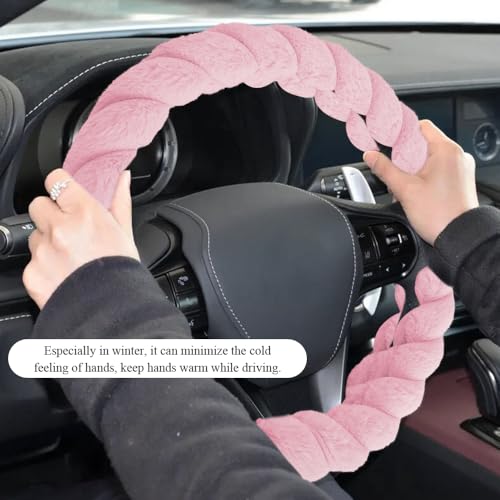 Luxury Fluffy Winter Car Steering Wheel Cover for Women, Steering Wheel Protector, 15" Fluffy Soft Breathable Warm Non-Slip Decoration, Twisted Fur Car Cover for Vehicles (Pink, D-Shape)
