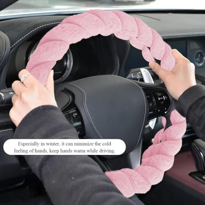 Luxury Fluffy Winter Car Steering Wheel Cover for Women, Steering Wheel Protector, 15" Fluffy Soft Breathable Warm Non-Slip Decoration, Twisted Fur Car Cover for Vehicles (Pink, D-Shape)