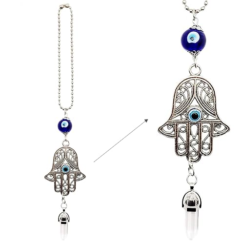 LUCKBOOSTIUM Hamsa Hand Amulet - Evil Eye Car Hanging Ornament, Gemstone Rearview Mirror Charm, Protective Car Accessory for Luck, Energy & Positivity (2"x11", Quartz) - color: Transparent Crystal