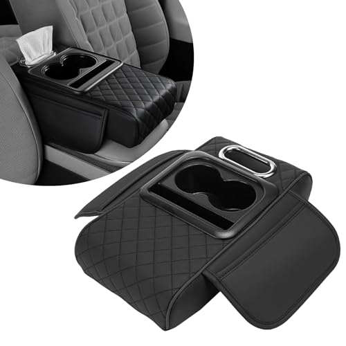 Car Armrest Cushion Center Console Cover, PU Leather Armrest Cover for Car 5 in 1 Middle Console Cushion with Storage Box, Cup Holders, Tissue Box, Luxury Waterproof Interior Accessories,Black - color: Black