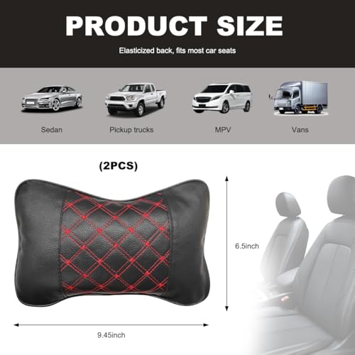 2PCS Car Neck Pillow, Soft Leather Headrest Pillow for Car Support Neck, Breathable Ergonomic Neck Support Relief Cushion for Driving with Adjustable Strap, Universal Car Accessories (Black&Red)