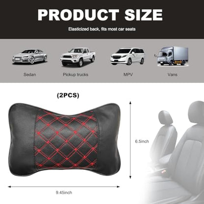 2PCS Car Neck Pillow, Soft Leather Headrest Pillow for Car Support Neck, Breathable Ergonomic Neck Support Relief Cushion for Driving with Adjustable Strap, Universal Car Accessories (Black&Red)