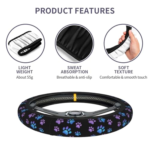 Purple Dog Paw Print Steering Wheel Cover Blue Dogs Prints Anti-Slip Breathable Universal for 14-15 Inch Car with 2 Pieces Car Coasters for Men/Women - color: Purple Dog