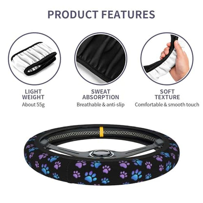Purple Dog Paw Print Steering Wheel Cover Blue Dogs Prints Anti-Slip Breathable Universal for 14-15 Inch Car with 2 Pieces Car Coasters for Men/Women - color: Purple Dog