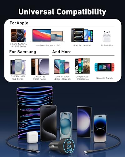 Car Charger USB C, 3-Port 67W Dual USB-C & USB-A Car Phone Charger Accessories Power Adapter Fast Charging Cigarette Lighter for iPhone 17/16/15/14/13/12/11 Pro Max, iPad, Galaxy S26/S25/S24, Android