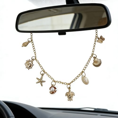 Rearview Mirror Charm for Car,Gold Hanging Accessories with Cross Seashell Sun Starfish Sea Turtle Conch Butterfly,Cars Decor,Religion Christian Ocean-Themed Car Accessories Beach Shell Lover Gifts - color: Ocean