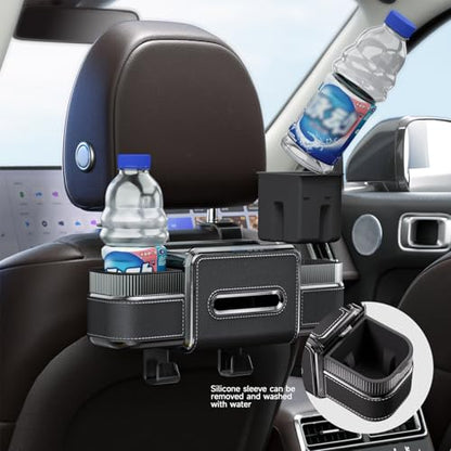Multifunctional Car Seat Back Organizer Box with Drink Cup Holder, Makeup Mirror, Tissue Box& Hooks for Car Seat Back, New Upgrade Car Headrest Backseat Organizer Suitability for Wife, Girlfriend