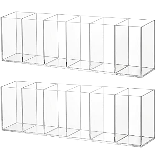 2 Pack Acrylic Makeup Brush Holder 6 Compartments Pencil Organizer Cup Pencil Holder for Desk Pen Organizer Storage Pen Holder for Accessories Cosmetic Brushes Office Bathroom Kitchen Supplies (Clear) - color: Clear