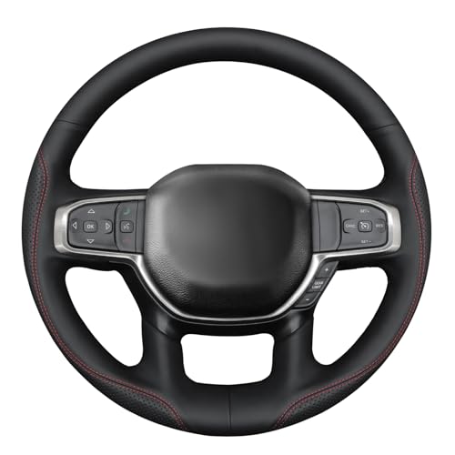 MEWANT Hand Stitch Steering Wheel Cover for Dodge Ram 1500 Laramie Big Horn 2019-2021 Black Real Leather Steering Wrap - color: Black Real Leather&Red&Black Thread