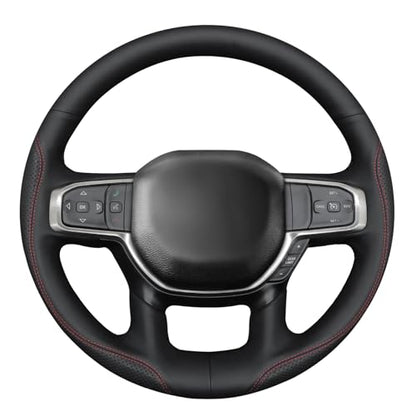 MEWANT Hand Stitch Steering Wheel Cover for Dodge Ram 1500 Laramie Big Horn 2019-2021 Black Faux Leather Steering Wrap - color: Black Faux Leather&Red&Black Thread