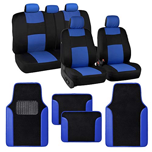 BDK PolyPro Blue Car Seat Covers Full Set with 4-Piece Car Floor Mats - Two-Tone Seat Covers for Cars with Carpet, Interior Covers for Auto Truck Van SUV - color: Black & Blue