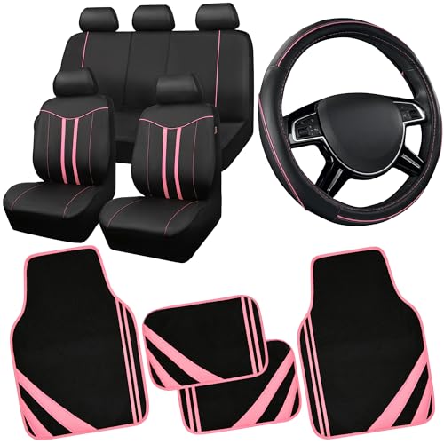 CAR PASS Car Seat Covers Full Set for Women Girls with Waterproof Car Floor Mats,Anti-Slip Leather Steering Wheel Cover,Universal Fit for SUVs,Vans,Trucks,Sedans,Cars (Combo Set,Black & Pink) - color: Black & Pink