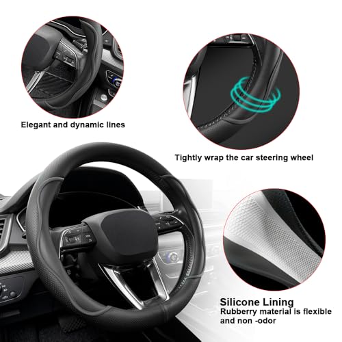 Nappa Leather Steering Wheel Cover. Stylish Striped Design, Universal fit for 14.5–15-inch Steering Wheels, Slip-Resistant and Breathable, Protects the Steering Wheel. Black - color: Black