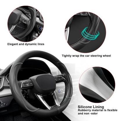 Nappa Leather Steering Wheel Cover. Stylish Striped Design, Universal fit for 14.5–15-inch Steering Wheels, Slip-Resistant and Breathable, Protects the Steering Wheel. Black - color: Black