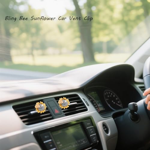 ORIESSE Sunflower Car Accessories,Movable Bee Flower Car Air Freshener Vent Clips,Bling Air Vent Aesthetic Decorations for Women,Refillable Aroma Diffusers