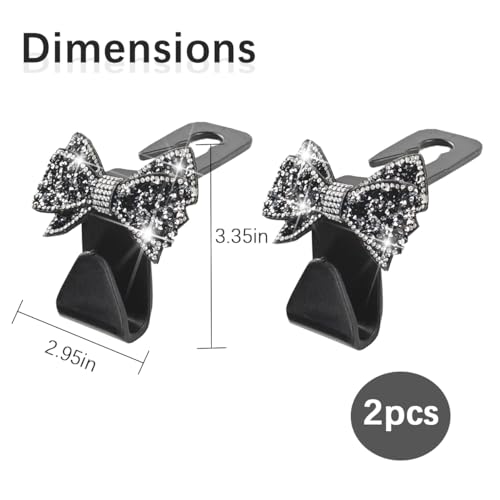 Bling Car Headreat Hook, 2PCS Crystal Rhinestone Cute Bow Vehicle Seat Back Hanger Storage for Purses Bags Grocery, Diamond Auto Rear Seat Organizer, Universal for SUV Truck Sedan (Black) - style: Black/2PCS
