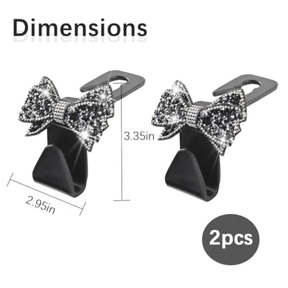 Bling Car Headreat Hook, 2PCS Crystal Rhinestone Cute Bow Vehicle Seat Back Hanger Storage for Purses Bags Grocery, Diamond Auto Rear Seat Organizer, Universal for SUV Truck Sedan (Black) - style: Black/2PCS