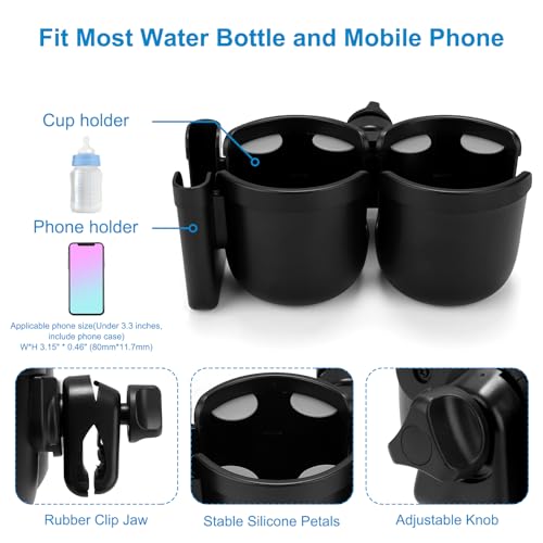 Accmor Stroller Cup Holder with Phone Holder, Bike Cup Holder, Universal Cup Holder for Uppababy Nuna Doona Strollers, 2-in-1 Cup Holder for Walker, Wheelchair, Scooter - color: Double Holder-All Black