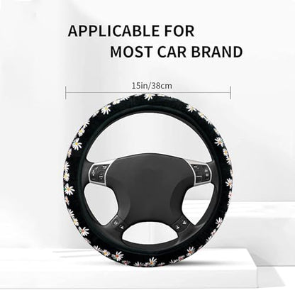 Embroidered Cute Daisy Black Steering Wheel Cover,Flower Steering Wheel Cover Protector for Women,Universal Fit Most Cars -15 inch - color: Black