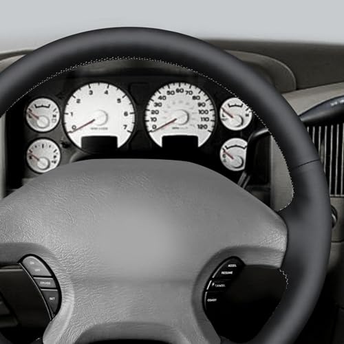 MEWANT Hand Stitch Black Smooth Real Leather Steering Wheel Cover for Dodge Ram 1500 2002-2003 Ram 1500 Truck Accessory - color: Black Smooth Real Leather&Grey Thread