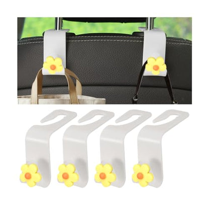 4 PCS Car Headrest Hook, Multifunctional Flower Vehicle Seat Back Storage Hook, Cute Automotive Seatback Organizer Hanger for Purse Grocery Bag Handbag, Universal Fit (Beige/Yellow) - color: Beige/Yellow