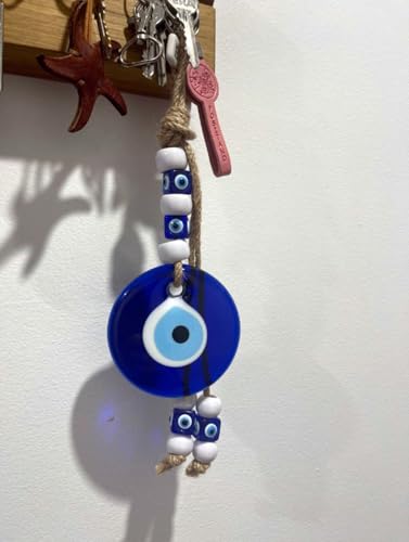 Blue Glass Evil Eye Turkish Greek Nazar Amulet Good Luck Charm - Handmade Hanging Ornament for Home, Office, Car Decoration, Garden, Blessing Ornament, Reflects Negative Energy (Large)