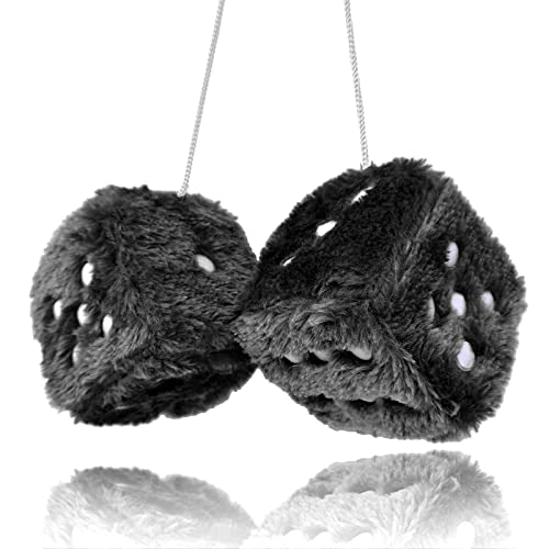 Fuzzy Plush Dice for Car Mirror, Pair of Retro 3” Black Dice with White Dots for Car Interior Hanging Ornament Decoration - color: Black