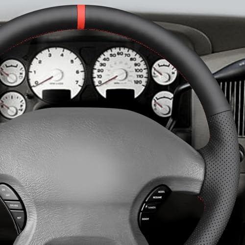 MEWANT Hand Stitch Black Faux Leather Steering Wheel Cover Wrap for Dodge Ram 1500 2002-2003 Dodge Ram 1500 - color: Black Faux Leather&Red Stripe&Red Thread
