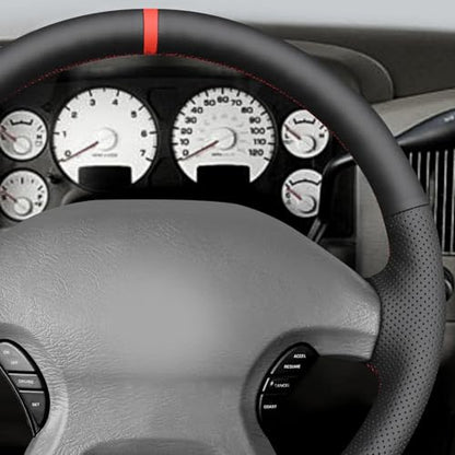 MEWANT Hand Stitch Black Genuine Leather Steering Wheel Cover Wrap for Dodge Ram 1500 2002-2003 Dodge Ram 1500 - color: Black Genuine Leather&Red Stripe&Red Thread