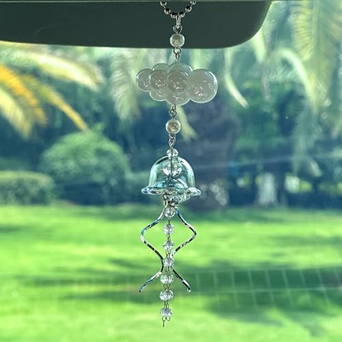 CASONA Beach Car Charm,Cute Car Rearview Mirror Hanging Decor,Handmade Blue Jellyfish Cloud Rearview Mirror Ornament,Girly Vehicle Ocean Themed Accessories for Women - color: Blue Jellyfish