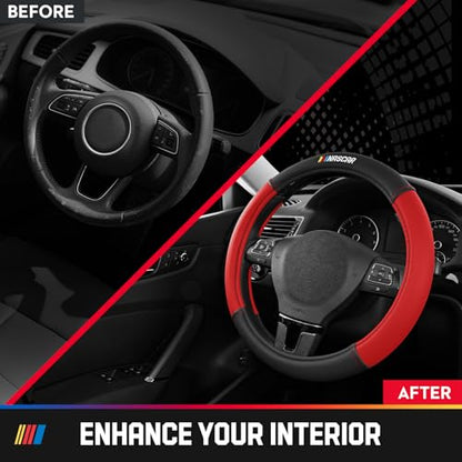 NASCAR Steering Wheel Cover, Two-Tone Red Leather Patchwork, Universal Fit 14.5"-15.5" Steering Covers for Cars, Anti-Slip, Soft Grip, Odor-Free, Trucks & SUVs, Racing Style Interior Upgrade