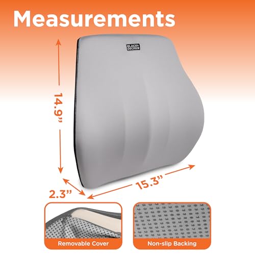 BLACK+DECKER Memory Foam Lumbar Support Pillow, Lumbar Cushion for Office, Car, Wheelchair & Airplane – Adjustable Strap, Full Back Pain Relief, Washable Cover, Grey/Blue - color: Grey/Blue